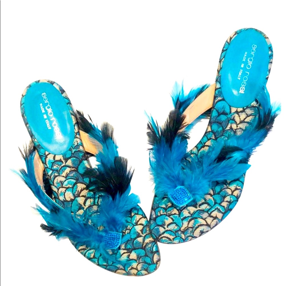 Sergio Rossi blue and black feather thong sandals Blue stones at toe - Picture 1 of 6